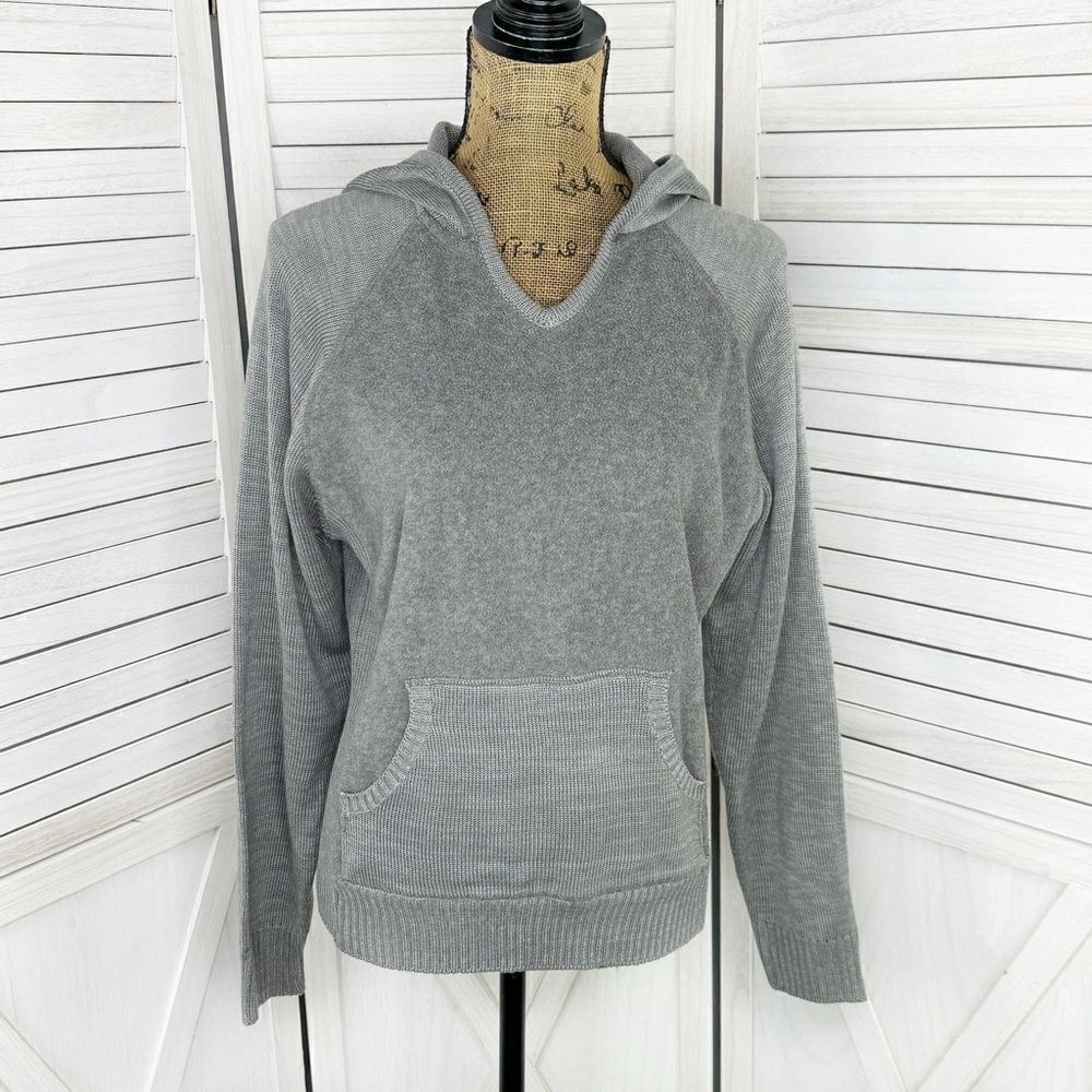 Bill Blass Sport Fleece Knit Hooded Sweater Large Gray Hoodie Pullover‎